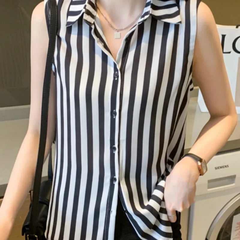 Ins Shirts for Women Striped Sleeveless Summer Tops All-match Sweet Cool Casual Turn-down Collar Single Breasted Chic Elegant