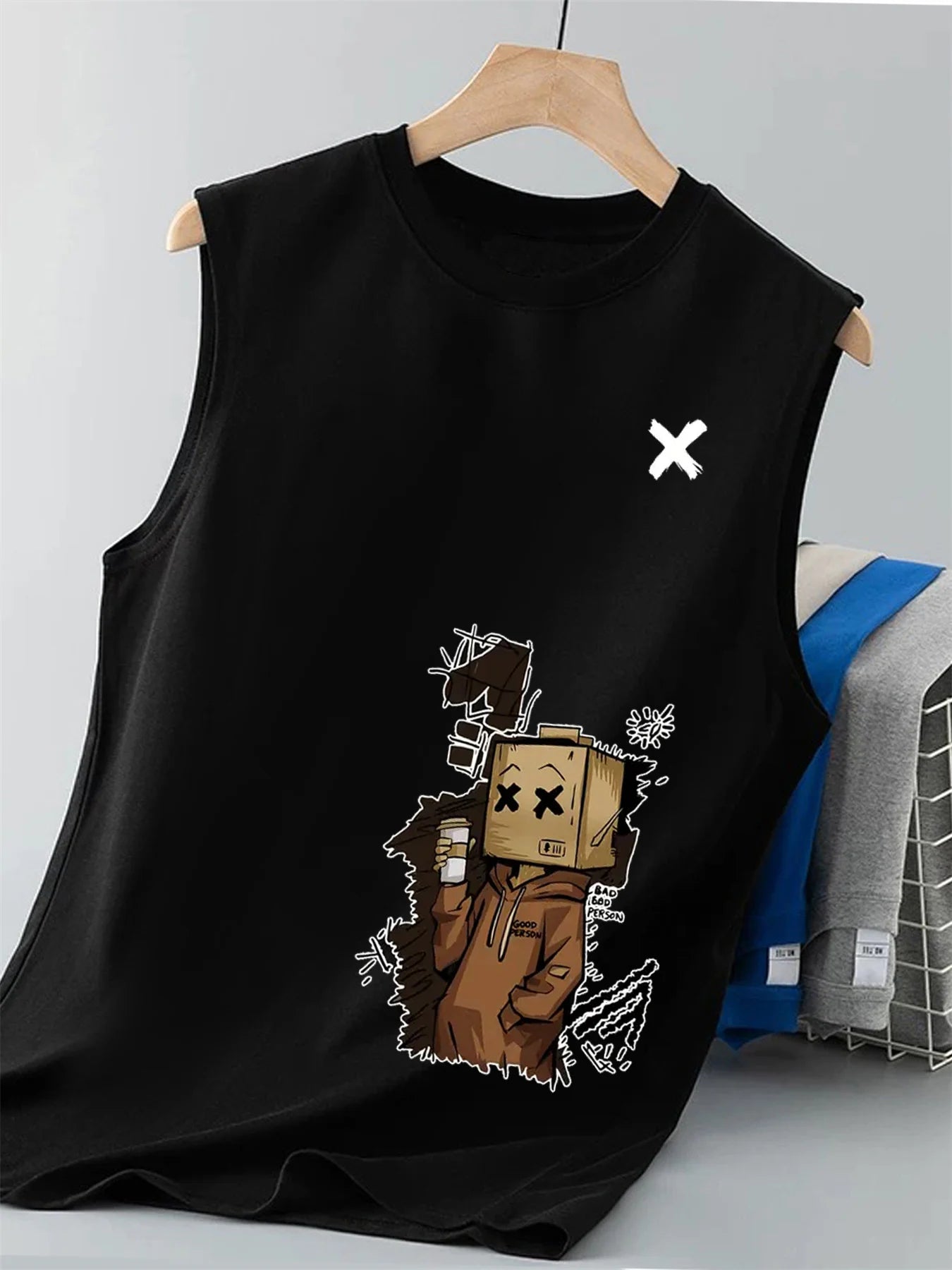 100% pure cotton men's summer fashion casual sports loose trend doll graffiti print breathable round neck sleeveless vest