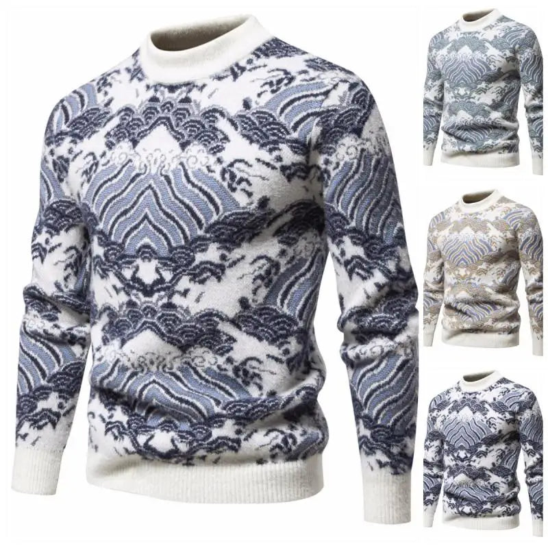 Men's Oversized Mohair Sweater Soft Long Sleeve Wave Print Pullover Knit Top for Spring Autumn Casual Streetwear Winter Wear