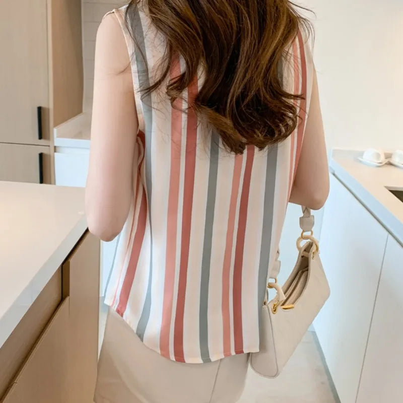 Ins Shirts for Women Striped Sleeveless Summer Tops All-match Sweet Cool Casual Turn-down Collar Single Breasted Chic Elegant