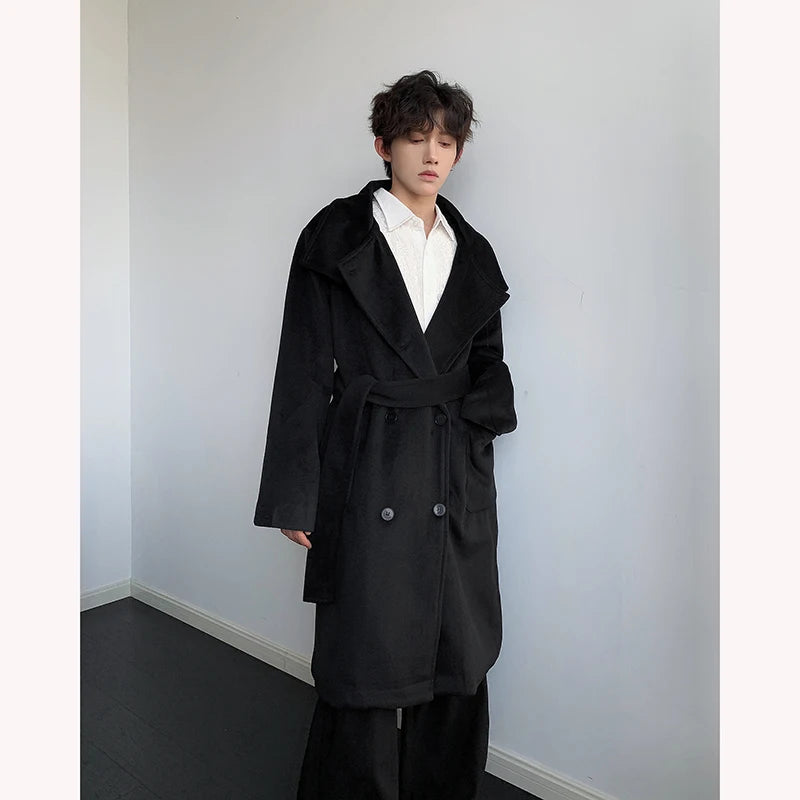ZEESHANT Men's Double-Breasted Wool Blend Overcoat with Belt Loose Fit Solid Color Stand Collar Mid-Length Trench Coat for Autumn Winter
