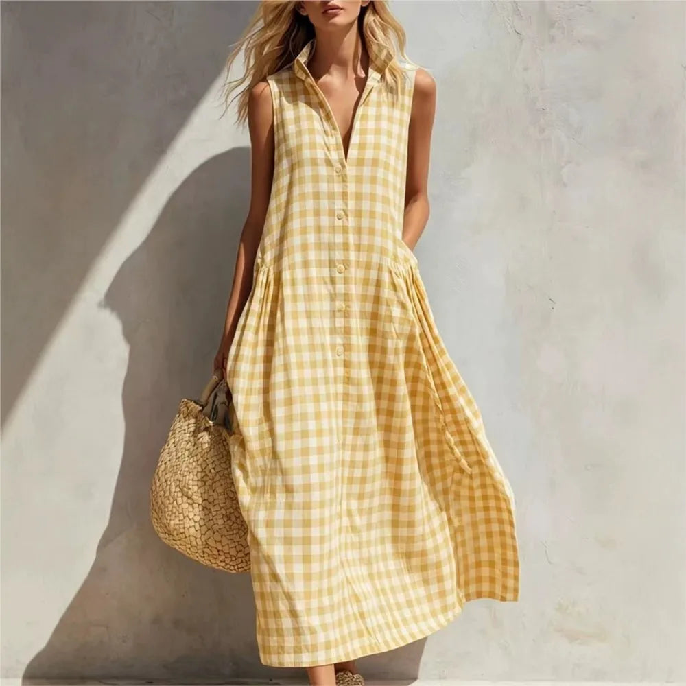 Plaid Sleeveless Vichy Single-breasted Fashion Resort Style Seaside Loose Long Skirt Dresses Ropa Mujer Roupas Feminina