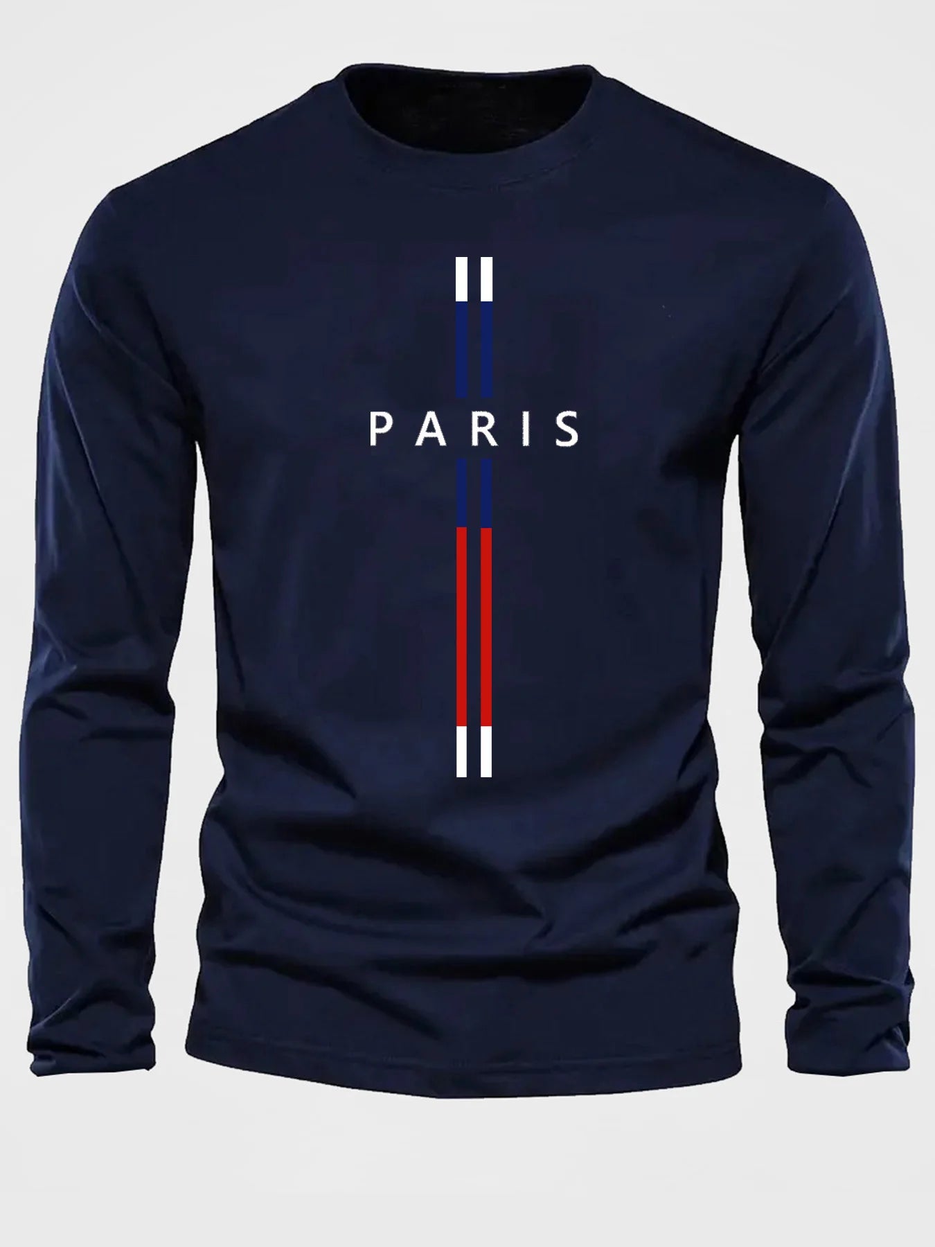 Paris Letter graphic print men's 100% pure cotton loose and comfortable sports and leisure round neck long sleeved T-shirt top