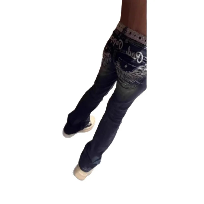 Low Waist American Minimalist Design Embroidered Wings Women's Jeans Versatile Micro Flared Pants Straight Leg Long Trousers
