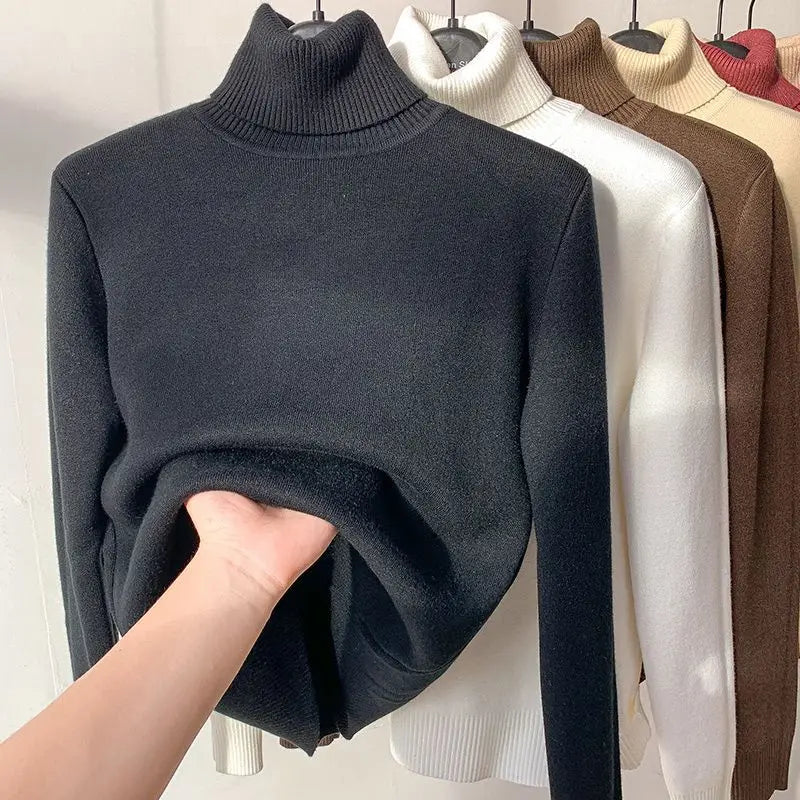 Women's Clothing Sweaters High Collar Knitted Top 2023 Autumn Winter plush thickened lining black long sleeved bottom Pullovers