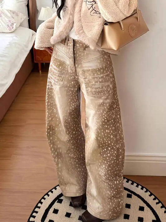 Women's Jeans 2026 Spring Retro E Girl Jeans Color Block Embroidered Distressed Deer Polka Dot Print Wide Leg Floor Length Pants