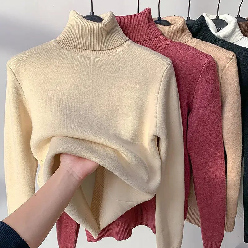 Women's Clothing Sweaters High Collar Knitted Top 2023 Autumn Winter plush thickened lining black long sleeved bottom Pullovers