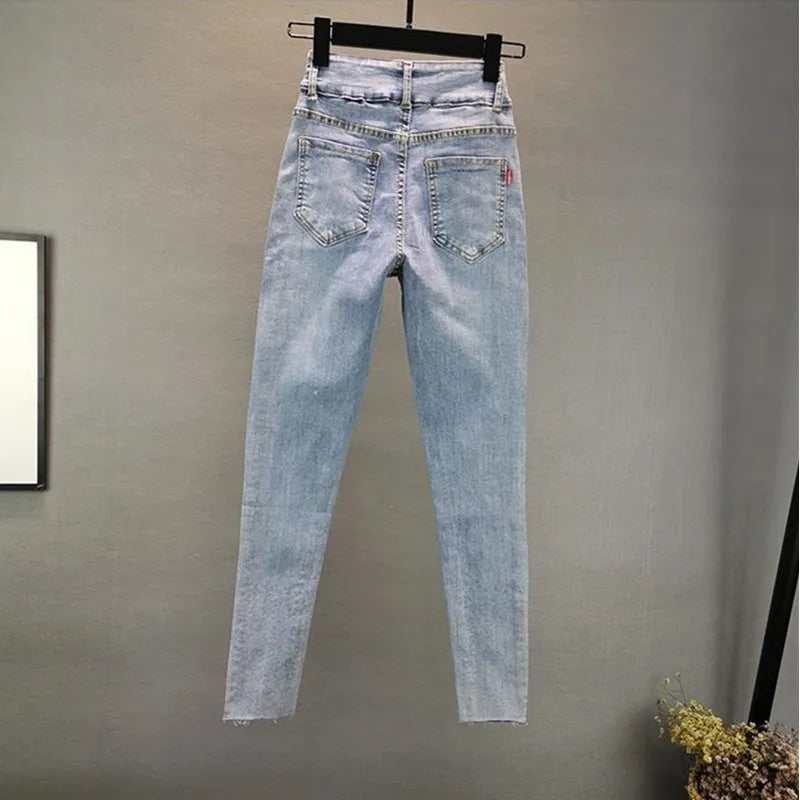 VWBQNZ Women's Jeans 2025 Summer New Elastic Slim Heavy Industry Hot Diamond Small Foot Pencil Pants Female Casual Denim Trousers