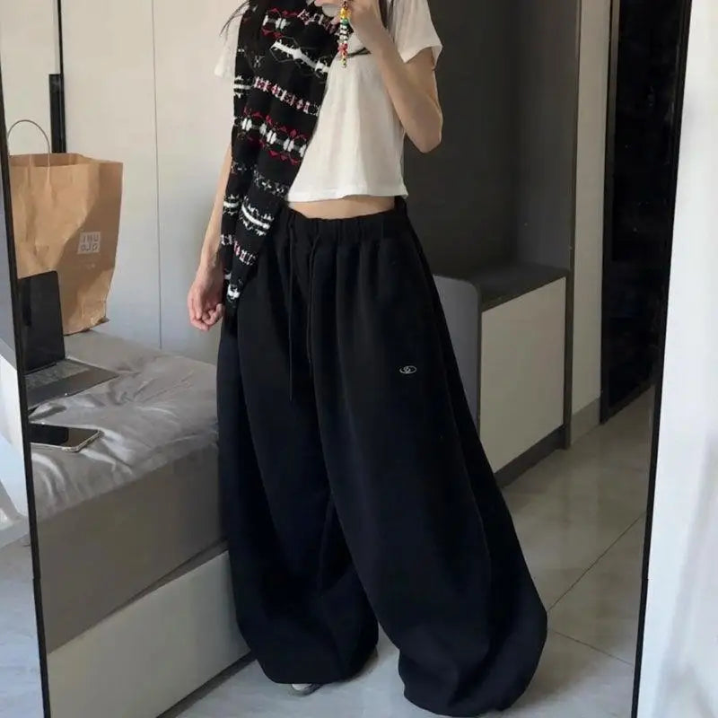 Oversized Grey Black Sweatpants Y2K Korean Streetwear Loose Casual Jogger Pants High Waist All Match Drawstring Trousers