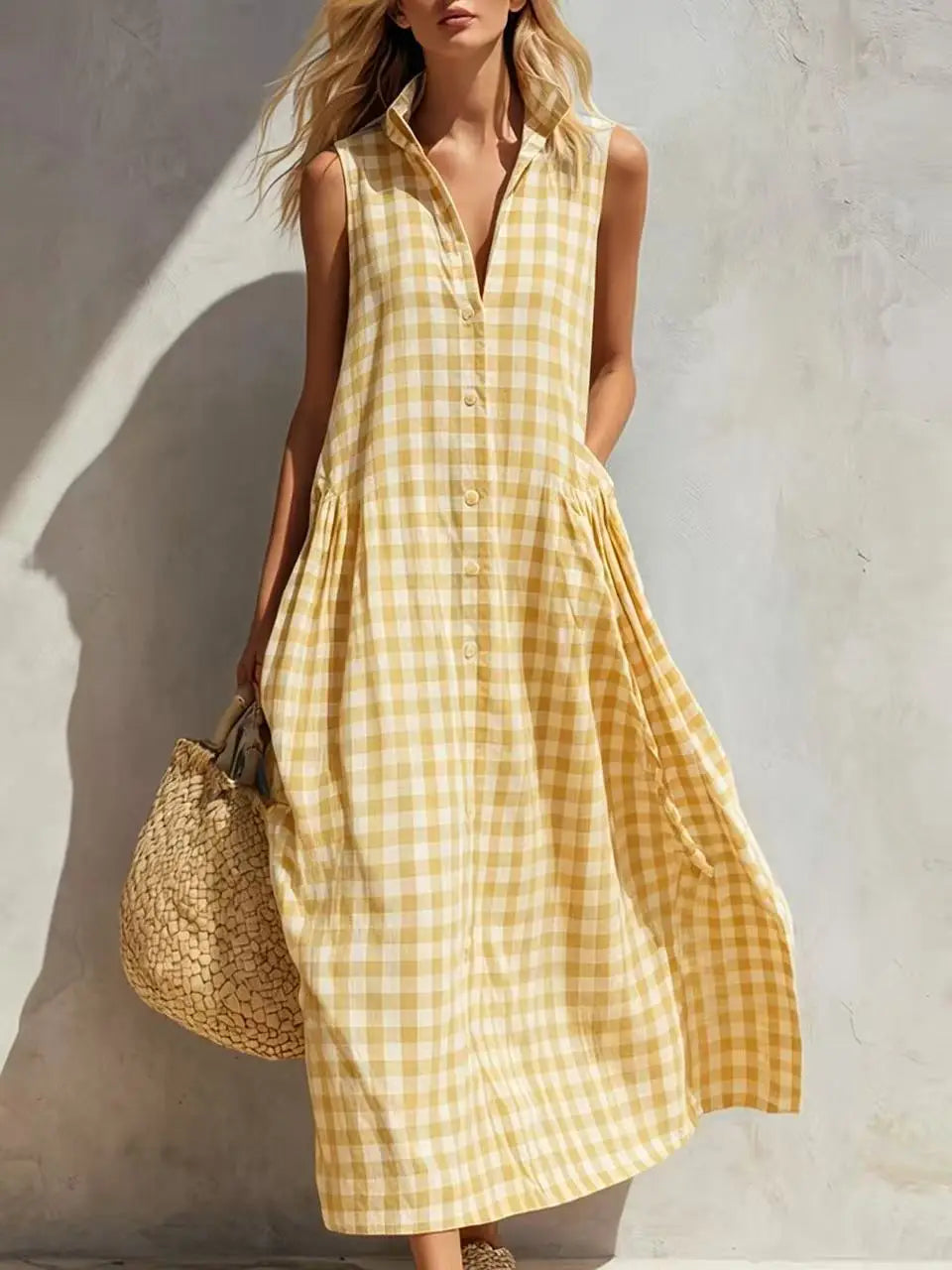 Plaid Sleeveless Vichy Single-breasted Fashion Resort Style Seaside Loose Long Skirt Dresses Ropa Mujer Roupas Feminina
