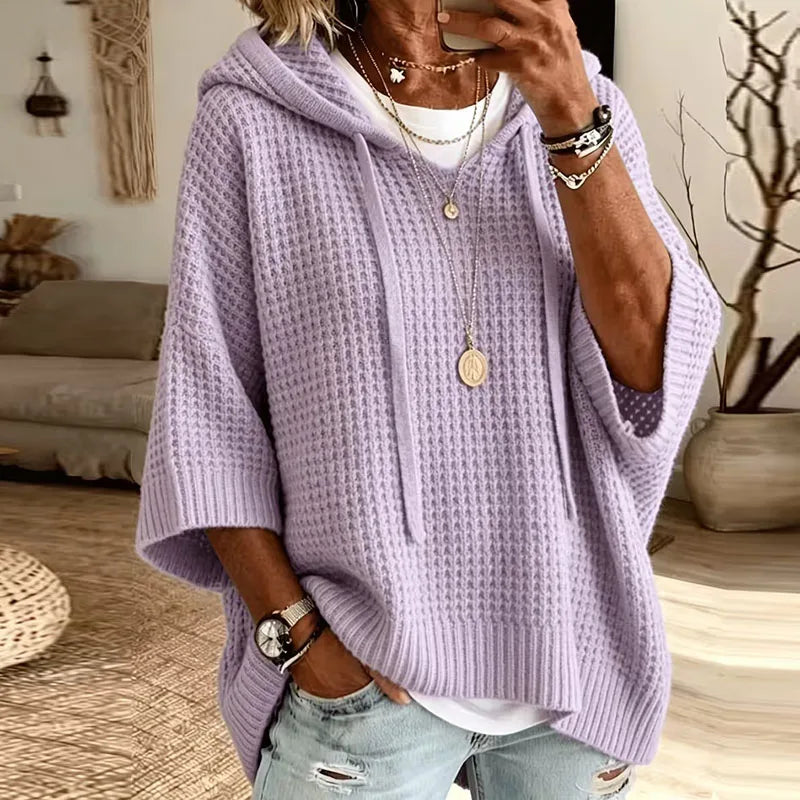 Women Knit Hooded Sweaters Drawstring Hood V Neck 3/4 Sleeve Loose Pullovers Solid Soft New Casual Autumn Winter Streetwear Tops