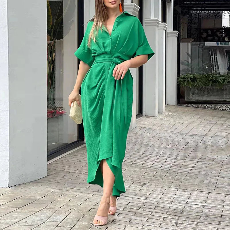 Elegant Dresses For Lady Vestidos 2026 Woman Dress Vestido Commuting Temperament Printed Irregular Leace-up Lapel Slim Contrast