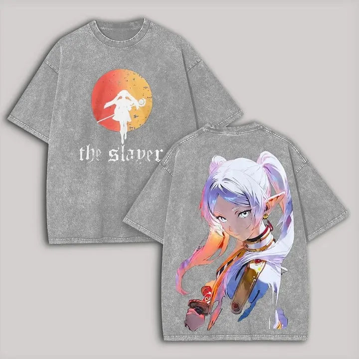 Harajuku Anime Frieren Beyond Journey's End T-shirt Unisex Clothing Washed Oversized T Shirt Short Sleeve Cotton Tees Tops