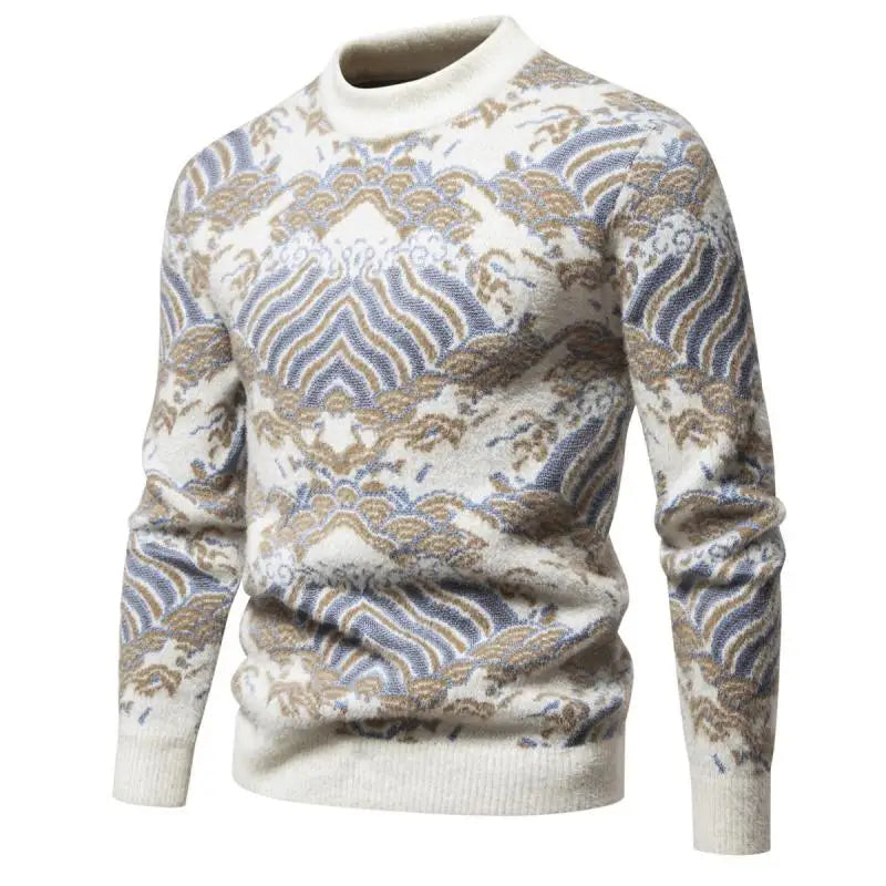 Men's Oversized Mohair Sweater Soft Long Sleeve Wave Print Pullover Knit Top for Spring Autumn Casual Streetwear Winter Wear