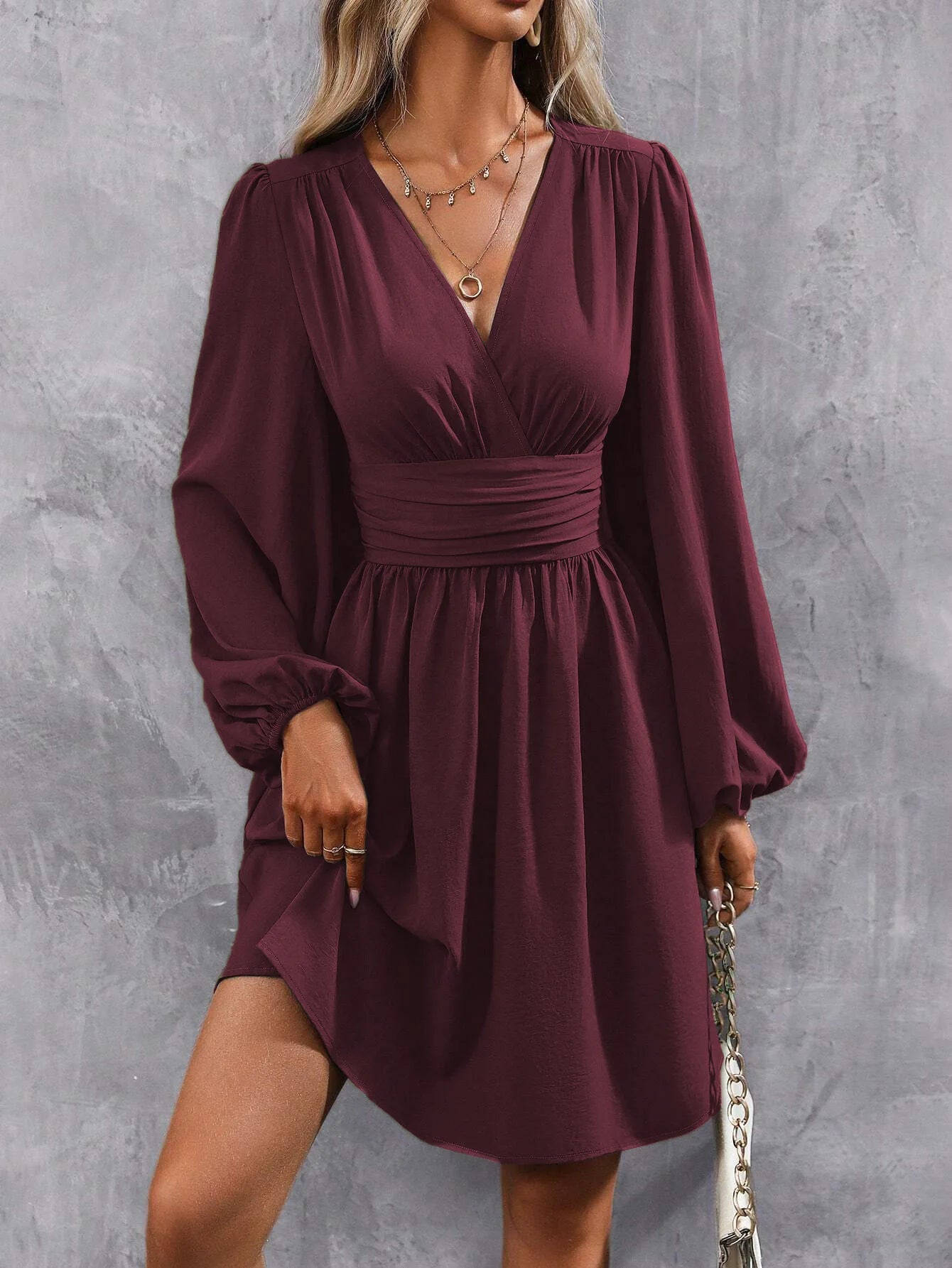 Dresses 2025 Woman Clothing V Neck Lantern Sleeve Wrap Mini Dress Ruched Waist Flowy Hem Elegant for Autumn and Party Styles ﻿