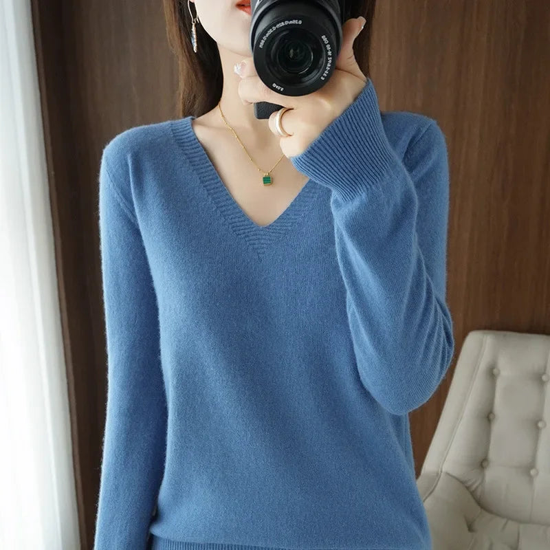 Women's Sweater 2025 Autumn Winter Knitted Pullovers V-neck Slim Fit Bottoming Shirt Solid Soft Knitwear Jumpers Basic Sweaters