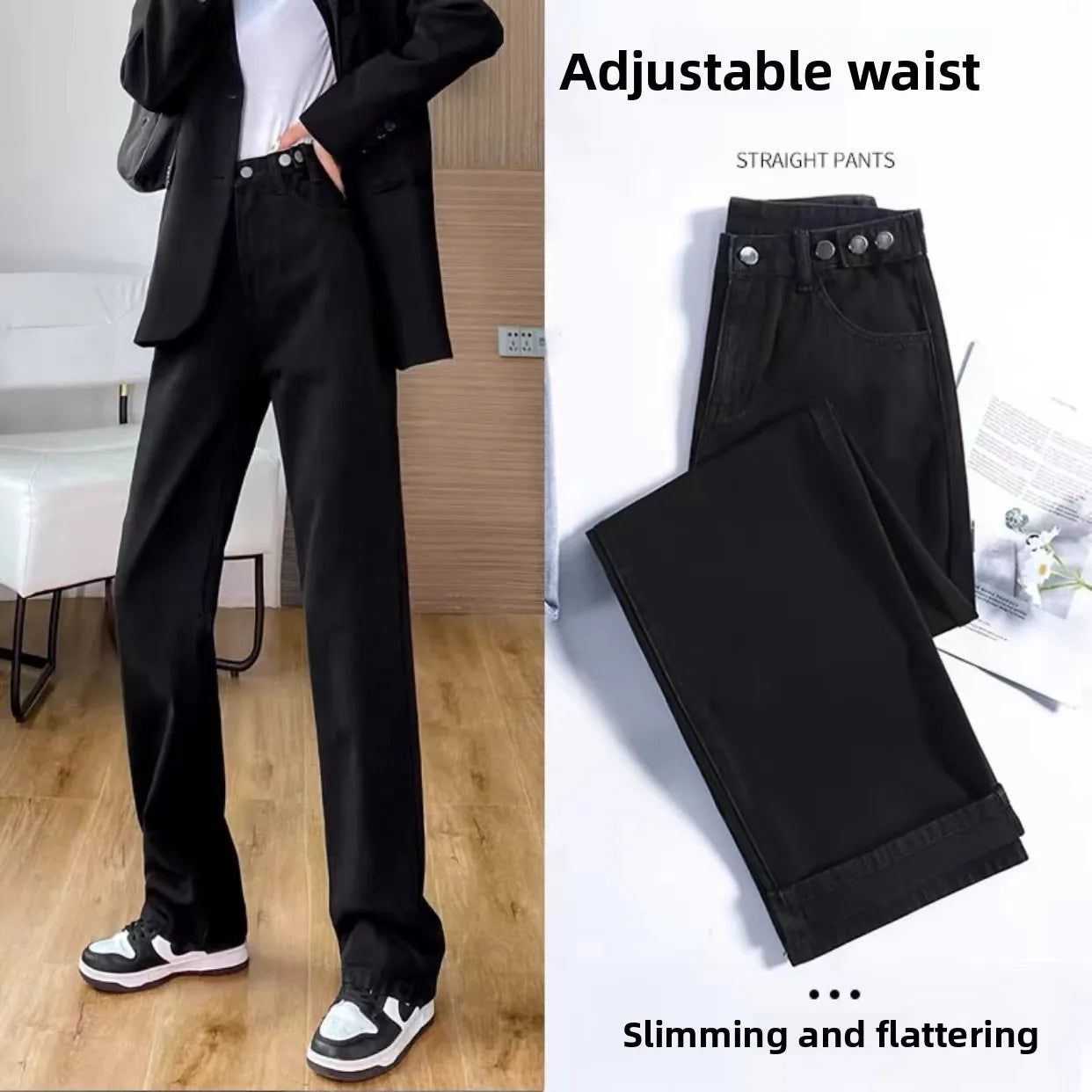 Trendy Ripped Straight Leg Jeans Women's Spring Summer High Waist Loose Wide Leg Pants Slimming Design Casual Denim Jeans