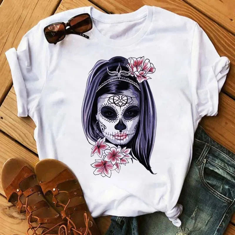 Fashion Leopard Skull Printed Women T-shirt Summer Loose Black Female T-shirt Casual Round Neck Harajuku Tops Woman Clothes