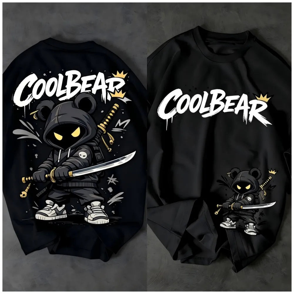 European and American Men's Summer Cartoon Warrior Letter Print Comfortable and Breathable Round Neck T-Shirt Outdoor Street Top