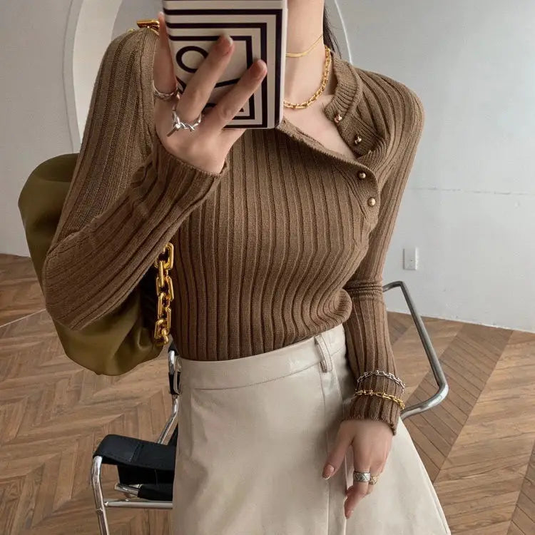 Knitted Sweaters For Women High Quality 2025 Trend Pullover Female Sweater Vintage Brown Striped Cropped Long Sleeve Cute Tops