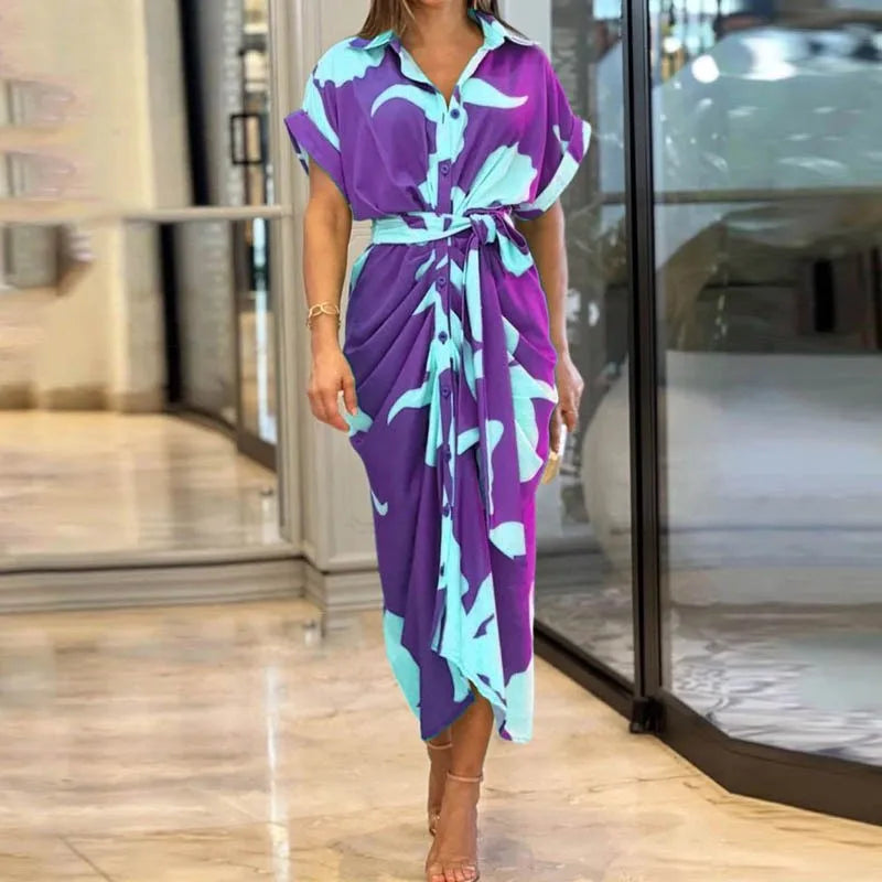 Elegant Dresses For Lady Vestidos 2026 Woman Dress Vestido Commuting Temperament Printed Irregular Leace-up Lapel Slim Contrast