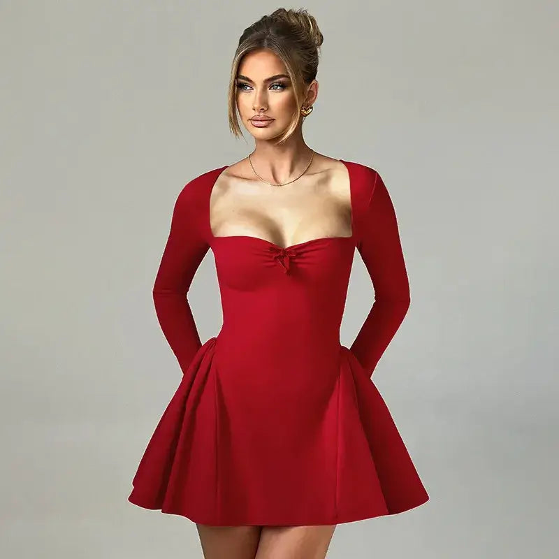 Socialite Style Elegant Slim Fit Bubble Waist Long Sleeve Dress - FASHION FLOOD