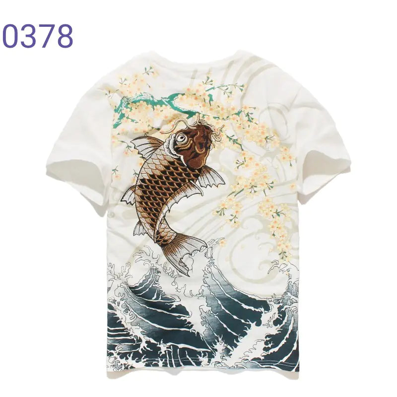 Embroidered T-Shirt with Chinese Style Koi Design