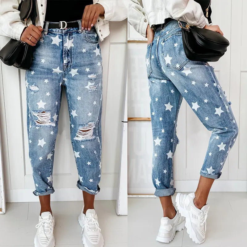Star Pattern Trendy Distressed Women's Jeans