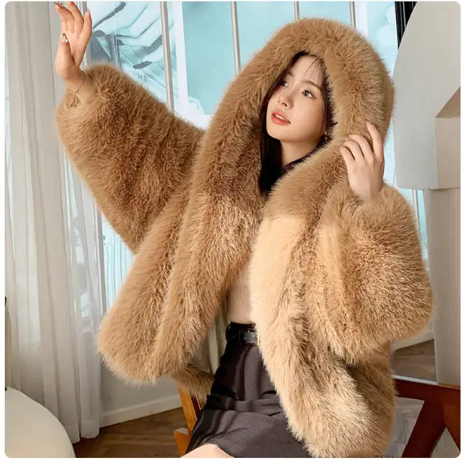 Faux Fox Fur Hooded Coat