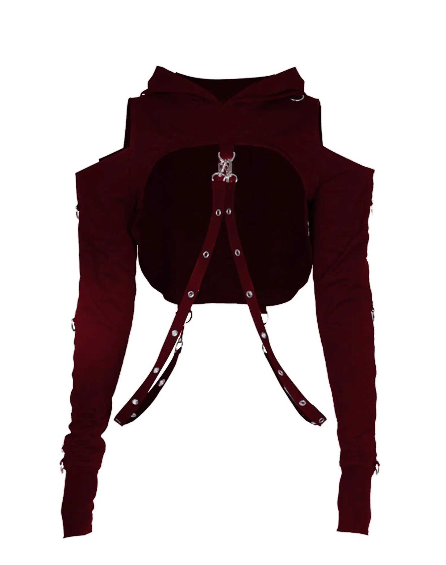 AULKEEP Gothic Punk Long Sleeve Cold Shoulder Hooded Crop Top Buckle Strap Red Hoodie Sweatshirt for Christmas