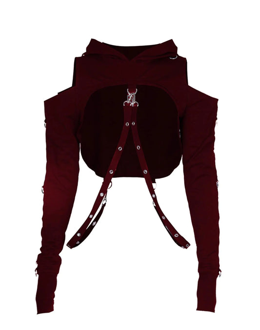 AULKEEP Gothic Punk Long Sleeve Cold Shoulder Hooded Crop Top Buckle Strap Red Hoodie Sweatshirt for Christmas