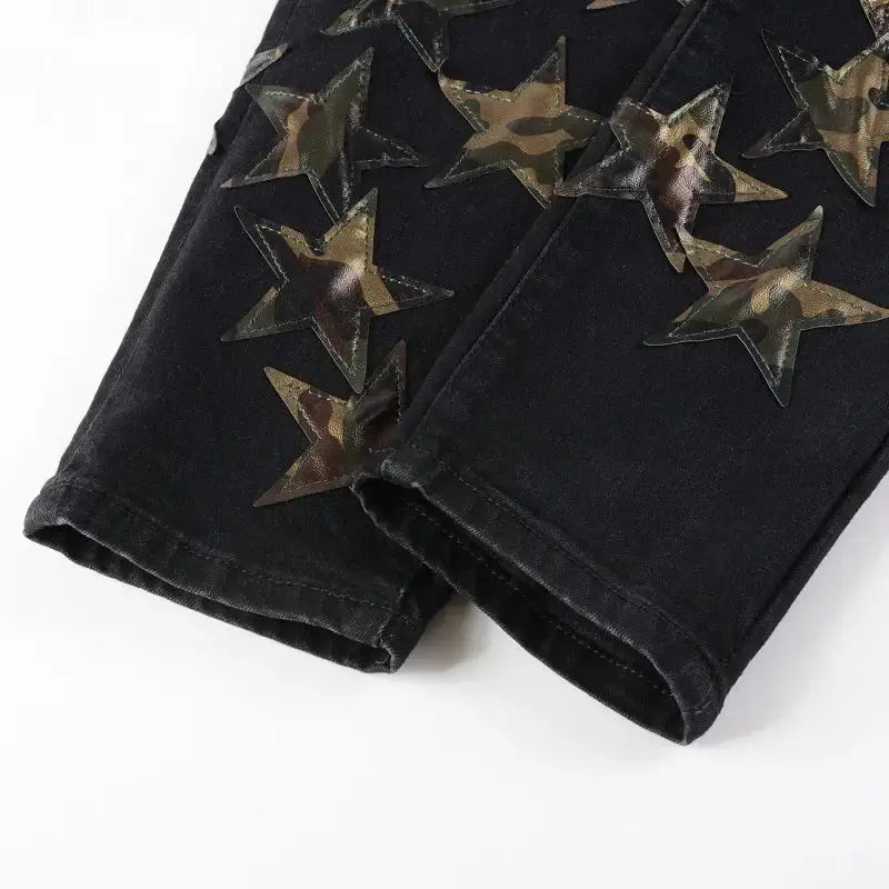 Distressed Star Patchwork Stretchable Skinny Jeans