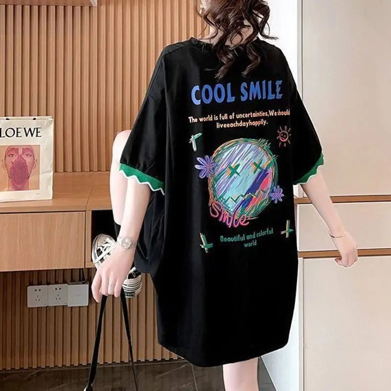 Patchwork Print Oversized Casual T-Shirt