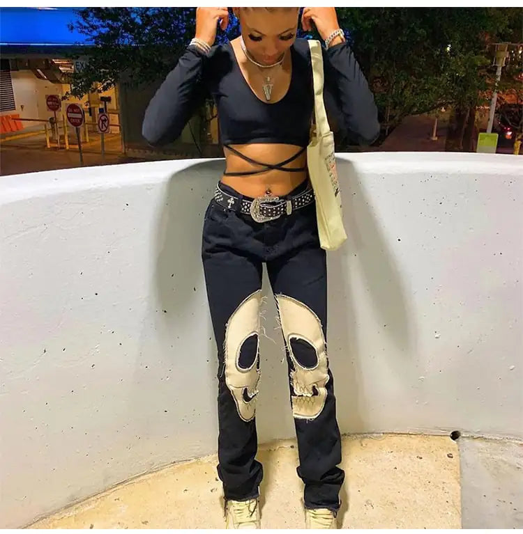 High-Waisted Retro Skull Print Jeans