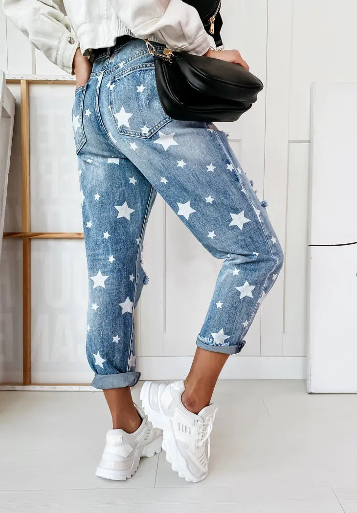 Star Pattern Trendy Distressed Women's Jeans